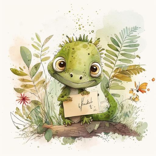 a very cute happy little iguana with big eyes with letter I in the forest against a white background by Mo Willems Anton Pieck Atey Ghailan Richard Scarry Ashley Wood James Jean, cartoon, watercolor splashes, Disney Pixar style --v 4
