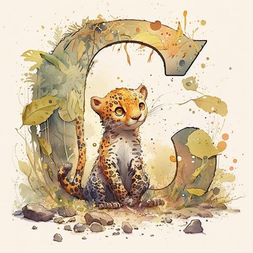 a very cute happy little jaguar with big eyes with letter J in the forest against a white background by Mo Willems Anton Pieck Atey Ghailan Richard Scarry Ashley Wood James Jean, cartoon, watercolor splashes, Disney Pixar style --v 4