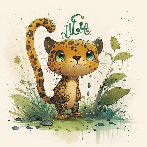 a very cute happy little jaguar with big eyes with letter J in the forest against a white background by Mo Willems Anton Pieck Atey Ghailan Richard Scarry Ashley Wood James Jean, cartoon, watercolor splashes, Disney Pixar style --v 4