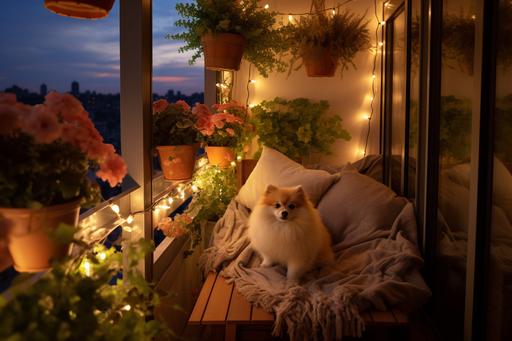 a very cute small balcony with some amazing flower plants, night view with some fairy lights hanging slow night, Pomeranian sleeping, --ar 3:2