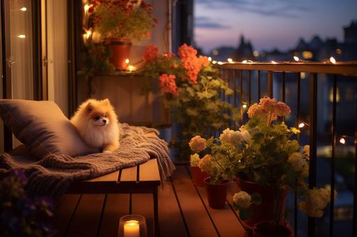a very cute small balcony with some amazing flower plants, night view with some fairy lights hanging slow night, Pomeranian sleeping, --ar 3:2