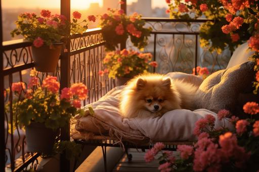a very cute small balcony with some amazing flower plants, sun raise slow evening, happy Pomeranian sleeping, --ar 3:2