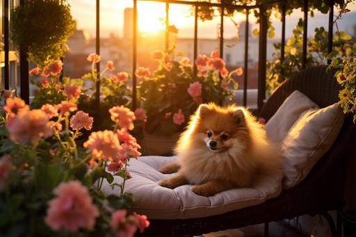 a very cute small balcony with some amazing flower plants, sun raise slow evening, happy Pomeranian sleeping, --ar 3:2