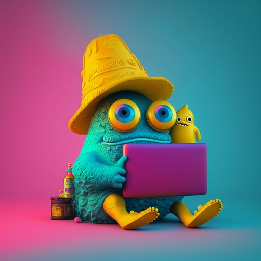 a very cute yellow monster in love with a large black hat and a yellow umbrella in his hand with two big bright eyes and a blue monster in love with a blue french horn in his hand, playing video games in a dark pink room disney style ultra 4k