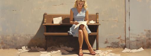 a very impressionistic, minimalistic oil painting by Norman Rockwell, of a stunning 25 year old woman, 1940's era, reading a small hand written letter, seated next to an open mailbox, summer day. --ar 800:300