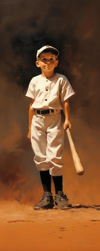a very impressionistic oil painting of a little boy, full body, baseball, bat, home plate, beaming with pride, summer. --ar 400:1000