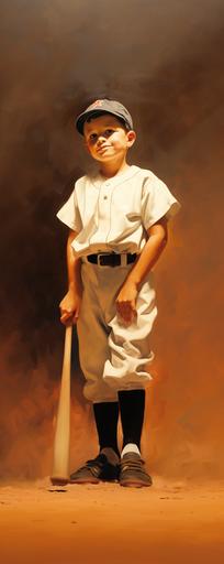 a very impressionistic oil painting of a little boy, full body, baseball, bat, home plate, beaming with pride, summer. --ar 400:1000