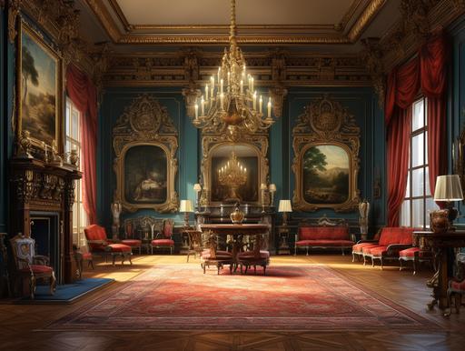 a very large room, no furniture, with paintings and a big fireplace, of a big noble country house, in Paris, 1850 --ar 4:3 --v 5.2