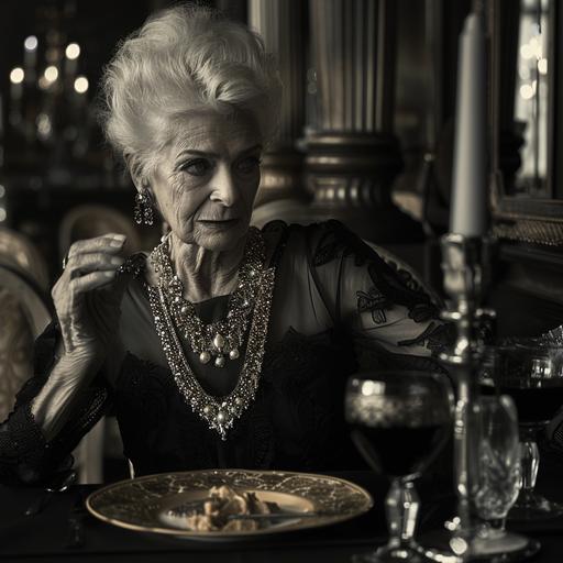 a very old chic, elegant woman, fashion icon, in an expensive restaurant, with an empty dish in front of her