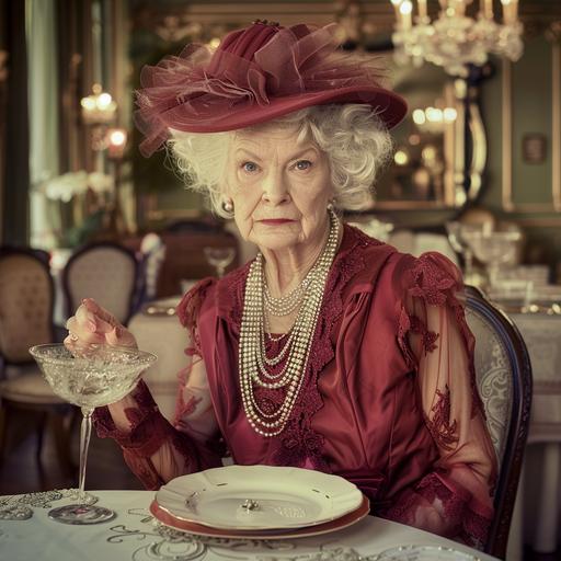 a very old chic, elegant woman, fashion icon, in an expensive restaurant, with an empty dish in front of her