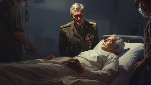 a very old gray hair man in a hospital bed with oxygen tubes in his nose and an IV in his arm. surrounding him is a nurse a doctor and an army general in uniform holding a briefcase. --ar 16:9