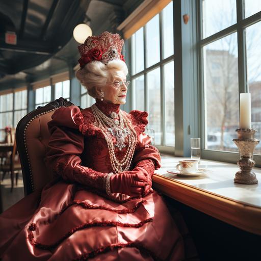 a very old lady dressed as a victorian queen is eating in a modern restaurant, big windows, white wall, very bright, futuristic style, she is happy, dress is mainly red and black, style of Wes Anderson --s 250 --style raw