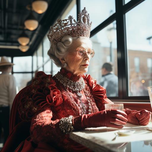 a very old lady dressed as a victorian queen is eating in a modern restaurant, big windows, white wall, very bright, futuristic style, she is happy, dress is mainly red and black, style of Wes Anderson --s 250 --style raw