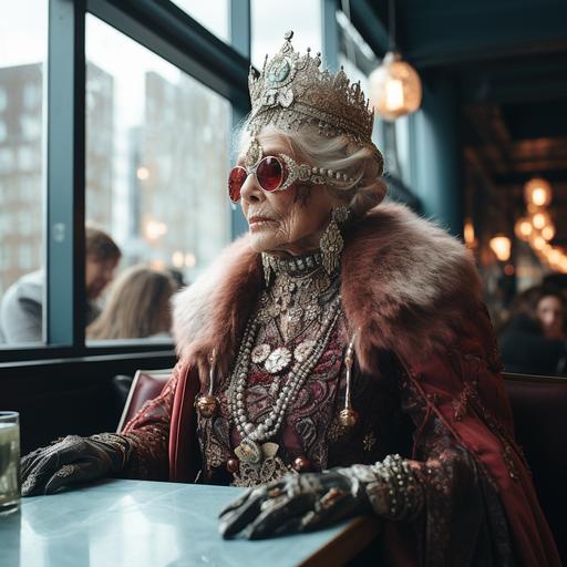 a very old lady dressed as a viking queen is eating in a modern restaurant, big windows, white wall with skulls, very bright, futuristic style, she is happy, dress is mainly black and leather, style of Wes Anderson --s 250 --style raw