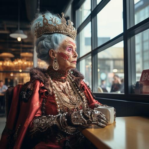 a very old lady dressed as a viking queen is eating in a modern restaurant, big windows, white wall with skulls, very bright, futuristic style, she is happy, dress is mainly black and leather, style of Wes Anderson --s 250 --style raw