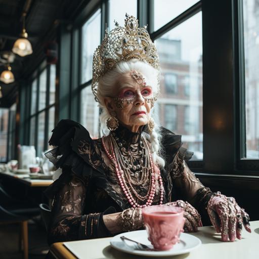 a very old lady dressed as a viking queen is eating in a modern restaurant, big windows, white wall with skulls, very bright, futuristic style, she is happy, dress is mainly black and leather, style of Wes Anderson --s 250 --style raw