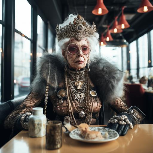 a very old lady dressed as a viking queen is eating in a modern restaurant, big windows, white wall with skulls, very bright, futuristic style, she is happy, dress is mainly black and leather, style of Wes Anderson --s 250 --style raw