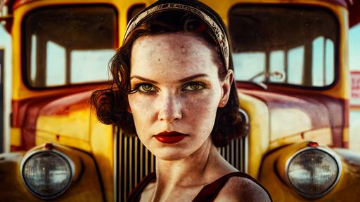 a very pretty redhead she wears a light silk summer dress and faces the camera frontal full body on a 1930 car ::5, staring at the camera,colours dark red and black and dark yellow, desaturated, futuristic in the rain at night, wet hair, neon advertising , retro futuristic ::4, perspective, Bombay Beach, high detail, ultra realistic, helmut newton photography style, portrait lens 70 mm lens ::4, 1.2 aperture, f .1.2, colorised, technicolor, doomsday , full detail, epic lighting, hyper-realistic, incredible, cinematic, movie still photography, horror movie: , gritty, blurred background. --ar 16:9