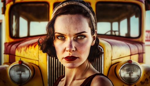 a very pretty redhead she wears a light silk summer dress and faces the camera frontal full body on a 1930 car ::5, staring at the camera,colours dark red and black and dark yellow, desaturated, futuristic in the rain at night, wet hair, neon advertising , retro futuristic ::4, perspective, Bombay Beach, high detail, ultra realistic, helmut newton photography style, portrait lens 70 mm lens ::4, 1.2 aperture, f .1.2, colorised, technicolor, doomsday , full detail, epic lighting, hyper-realistic, incredible, cinematic, movie still photography, horror movie: , gritty, blurred background. --ar 16:9