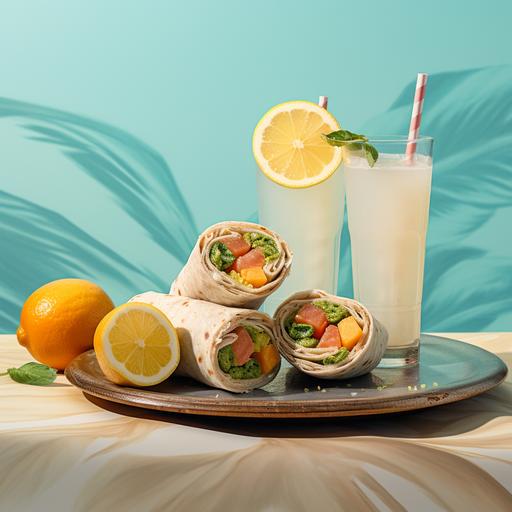 a very realistic lifestyle photograph of two healthy buritto rolls and lemonade in a light pastel background
