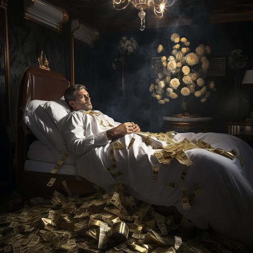 a very rich man laying in a hospital bed in poor health inside a beautiful master bedroom with elegant decorations and artwork and money and gold laying across the floor. The man looks very sad and frail
