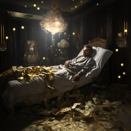 a very rich man laying in a hospital bed in poor health inside a beautiful master bedroom with elegant decorations and artwork and money and gold laying across the floor. The man looks very sad and frail