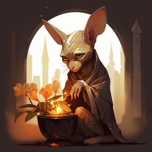 a very sad humanoid sphinx cat wearing a cloak and a golden crown, crying into a burning potted houseplant