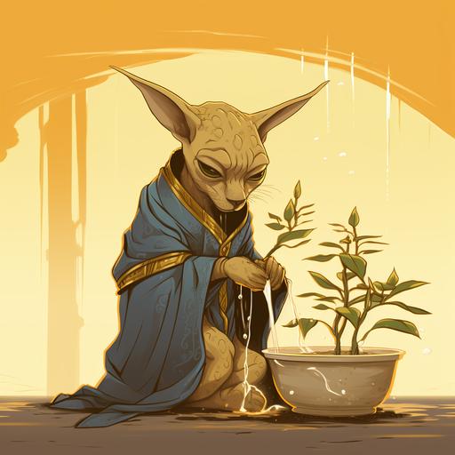 a very sad humanoid sphinx cat wearing a cloak and a golden crown, in pain and crying wet tears into a potted burning bush