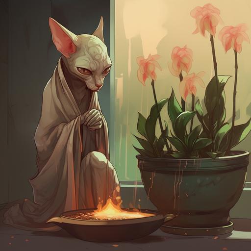 a very sad humanoid sphinx cat wearing a cloak, in pain and crying into a burning potted houseplant