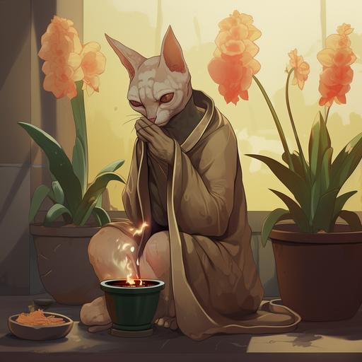 a very sad humanoid sphinx cat wearing a cloak, in pain and crying into a burning potted houseplant
