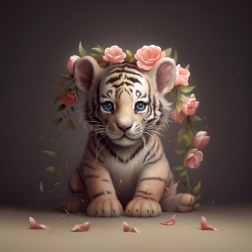 a very scary a ugly baby tiger with a pink flower garland on the head with full body