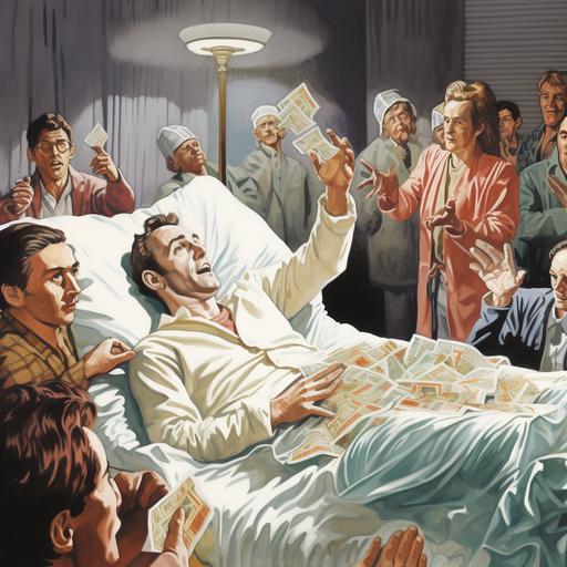a very sick man laying in the hospital bed with lots of people around him with their hands out wanting his money