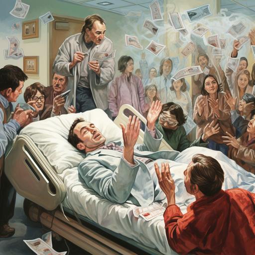 a very sick man laying in the hospital bed with lots of people around him with their hands out wanting his money