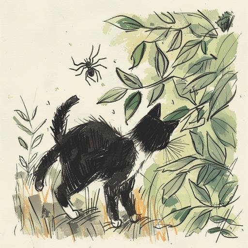 a very simple, minimalistic doodle of a shorthaired cat sniffing a tarantula in a leafy garden, the cat’s back is black with a white belly/neck/chin/nose, there are sporadic colored pencil strokes