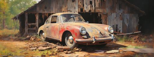 a very, very impressionistic, minimalistic Norman Rockwell type oil painting of an open old wooden barn, doors open, broken down, damaged 1964 porsche front end visable. Barn filled with miscellaneous items. --ar 800:300
