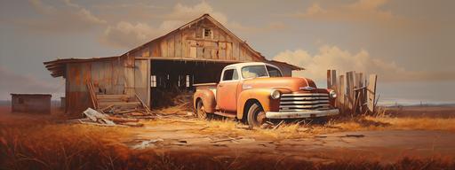 a very, very impressionistic, minimalistic Norman Rockwell type oil painting of an open old wooden barn, doors open, broken down, damaged 1953 Chevy truck, rust, dents, flat tires. Barn filled with miscellaneous items. --ar 800:300