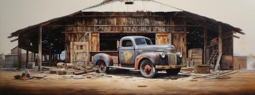 a very, very impressionistic, minimalistic Norman Rockwell type oil painting of an open old wooden barn, doors open, broken down, damaged 1952 Ford truck, rust, dents, flat tires. Barn filled with miscellaneous items. --ar 800:300