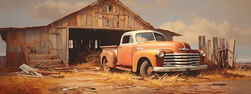 a very, very impressionistic, minimalistic Norman Rockwell type oil painting of an open old wooden barn, doors open, broken down, damaged 1953 Chevy truck, rust, dents, flat tires. Barn filled with miscellaneous items. --ar 800:300