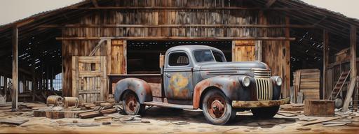 a very, very impressionistic, minimalistic Norman Rockwell type oil painting of an open old wooden barn, doors open, broken down, damaged 1952 Ford truck, rust, dents, flat tires. Barn filled with miscellaneous items. --ar 800:300