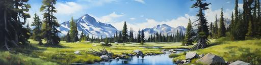 a very, very impressionistic, minimalistic oil painting of a small high mountain lake, creek, pine trees, rocky mountains, spring, blue sky, clouds, --ar 800:200