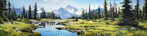 a very, very impressionistic, minimalistic oil painting of a small high mountain lake, creek, pine trees, rocky mountains, spring, blue sky, clouds, --ar 800:200