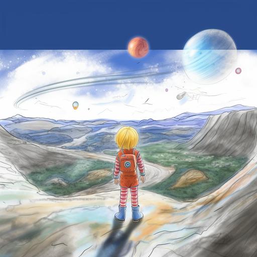a very wide landscape view of blonde hair girl on the edge of a mountain cliff, with cut off shorts shorts and a astronaut helmet in the style of vibrant and lively hues, sculpted, realistic rendering, iso 200, --v 5.2