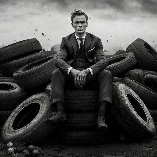 a vicious looking man in a tuxedo sitting on a pile of tyres, strawberry field background, highly detailed photograph