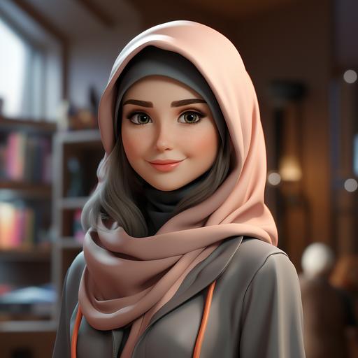 a victor 3D iwomen in company ,upperpart with out back, standing , with jilbab , low detail , cartoon style with hijab , Serious mode With grey lighting , fACING CAMERA , With a blurry background , stereoscopic, high quality. --style raw --s 750