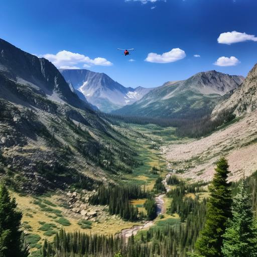 a view from a scree field near the top of the Wind River Mountain range looking down into a valley, lush with thousands of conifer trees. In the middle of the photo we see a Red Helicopter flying up out of the valley toward the viewer. --s 50 --ar 1:1