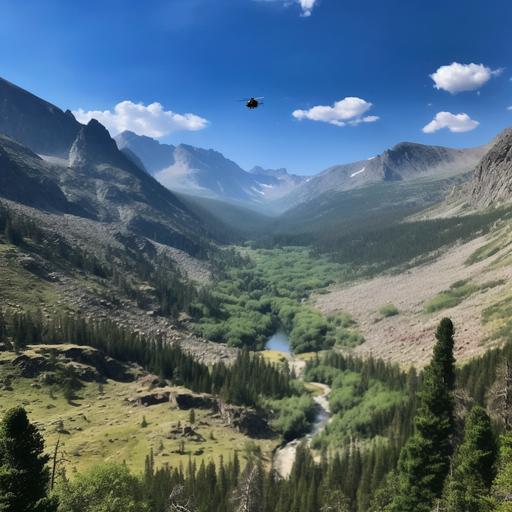 a view from a scree field near the top of the Wind River Mountain range looking down into a valley, lush with thousands of conifer trees. In the middle of the photo, a red helicopter is flying out of the valley toward the viewer. --s 50 --ar 1:1