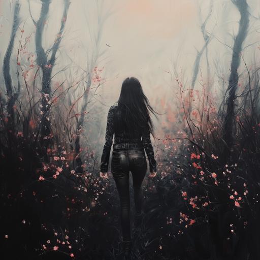 a view from behind of a beautiful grunge woman with long black hair wearing black leather trousers, black t-shirt, black jeans jacket carrying little branch of blooming peach tree, walking in the misty blooming spring forest, surreal, oil painting