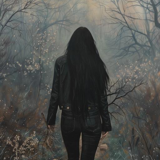 a view from behind of a beautiful grunge woman with long black hair wearing black leather trousers, black t-shirt, black jeans jacket carrying little branch of blooming peach tree, walking in the misty blooming spring forest, surreal, oil painting