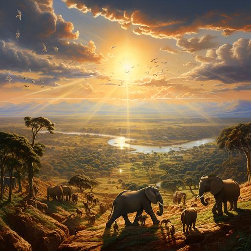 view from mountain top, wide range of animals in field including elephants, horses, alligators. sunny and 2pm. Light shining down bright. 1080x1920 px