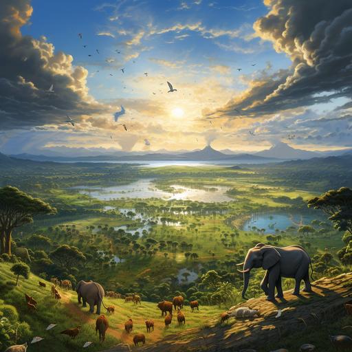 view from mountain top, wide range of animals in field including elephants, horses, alligators. sunny and 2pm. Light shining down bright. 1080x1920 px